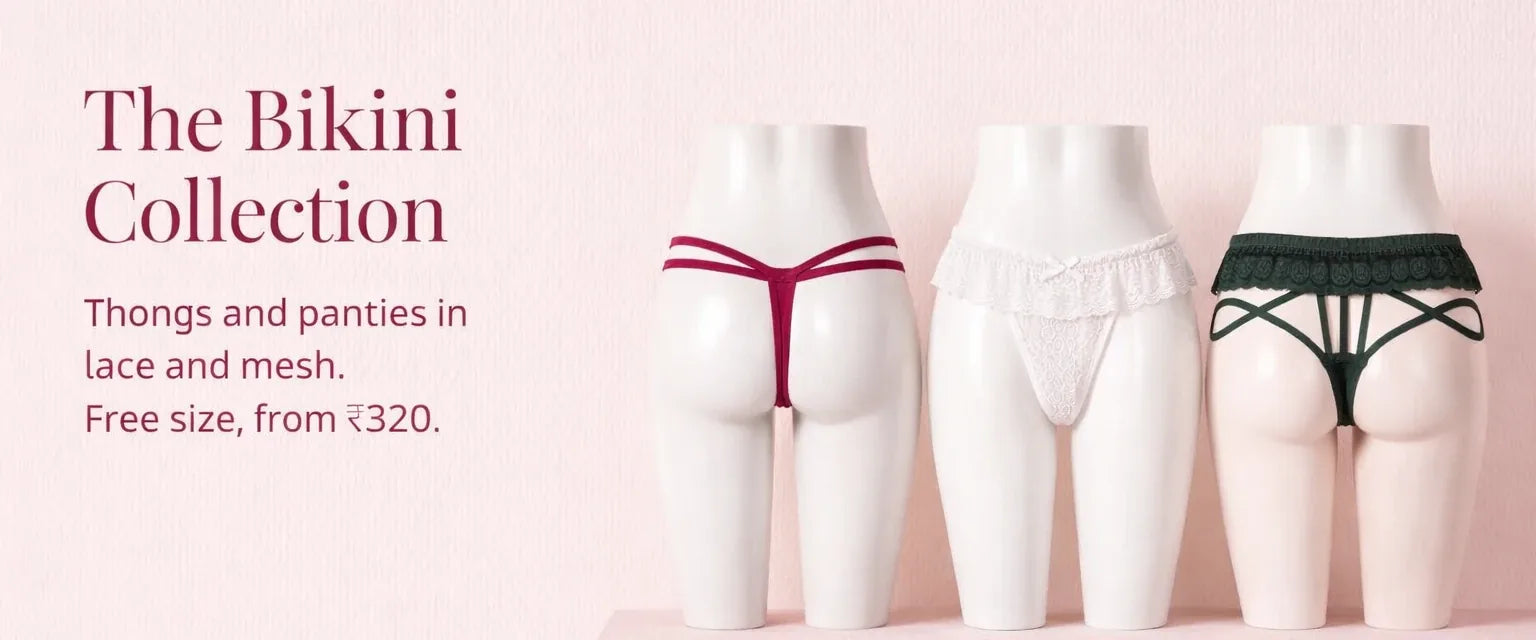 The Bikini Collection. Thongs and panties in lace and mesh. Free size, from ₹320.