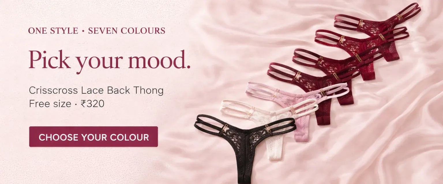 One style, seven colours. Pick your mood. Crisscross Lace Back Thong, free size, ₹320. Choose your colour