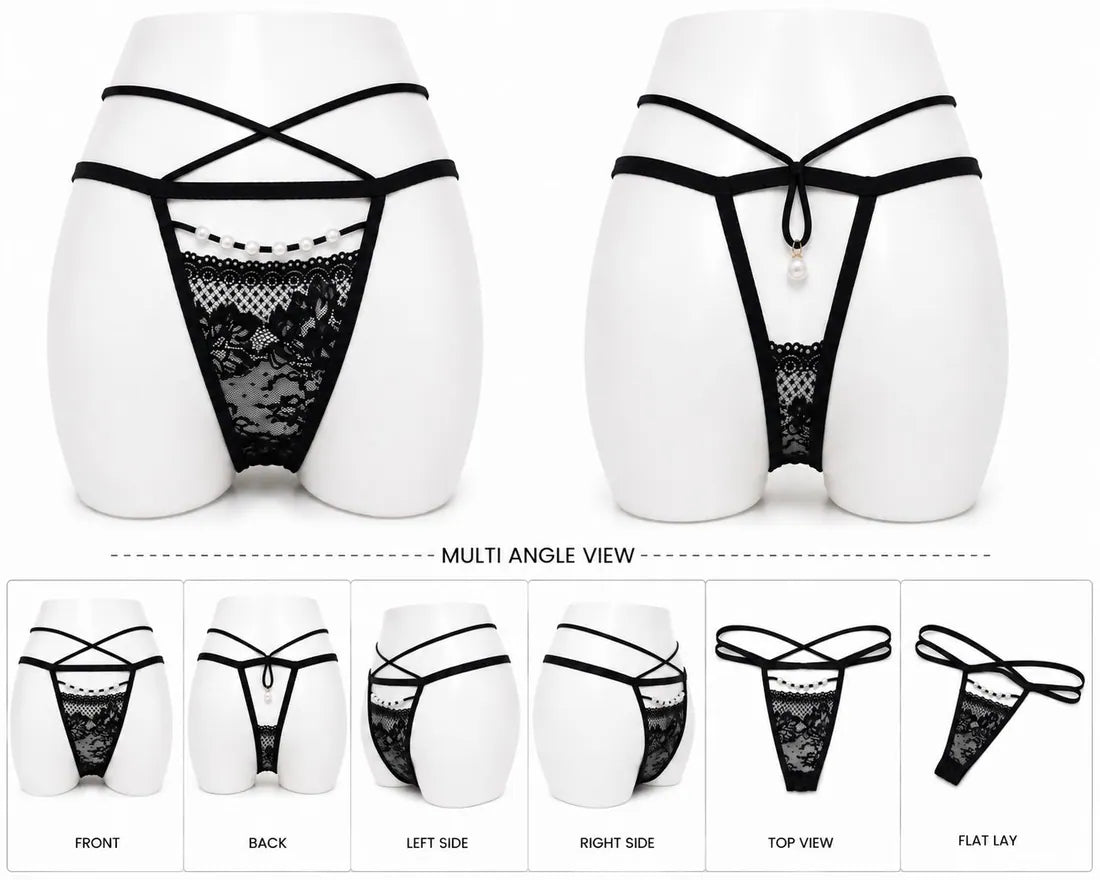 Pearl Trim Lace G-String in Black, photo 3