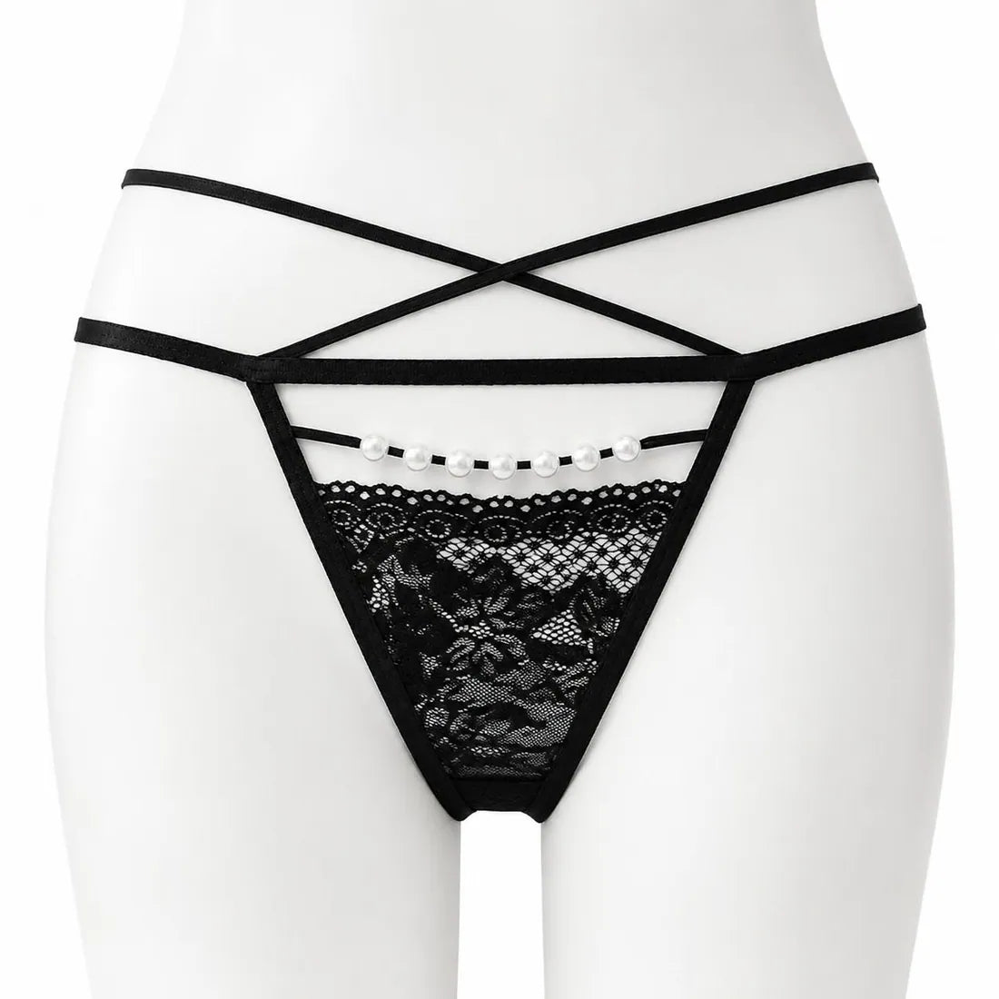 Pearl Trim Lace G-String in Black, front view