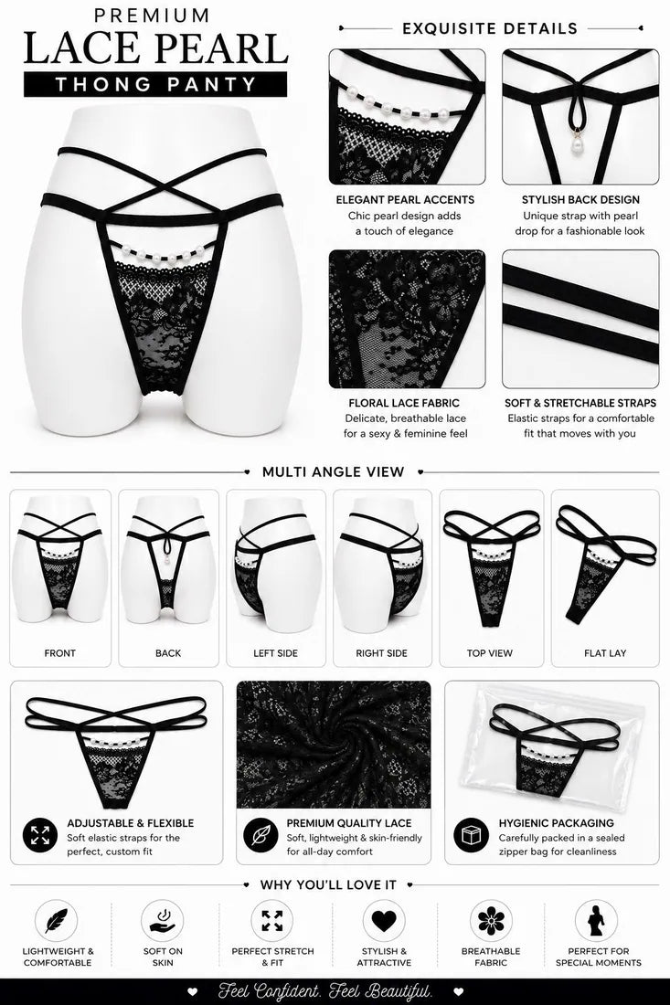 Pearl Trim Lace G-String in Black, photo 4