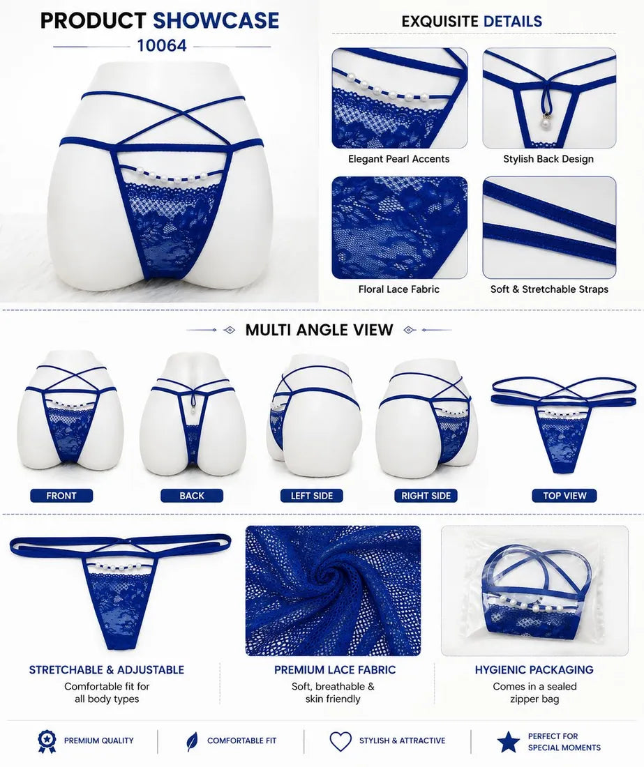 Pearl Trim Lace G-String in Blue, photo 5