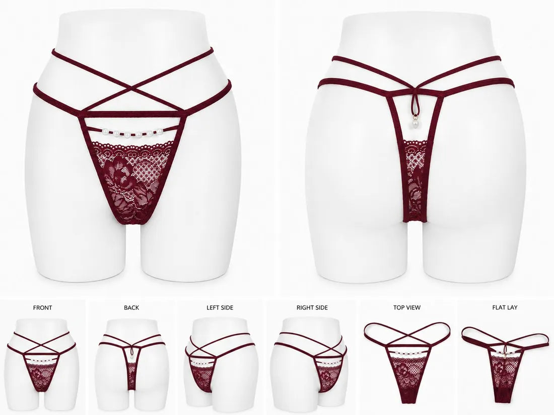 Pearl Trim Lace G-String in Maroon, photo 3