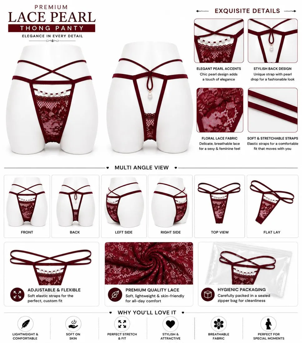 Pearl Trim Lace G-String in Maroon, photo 4