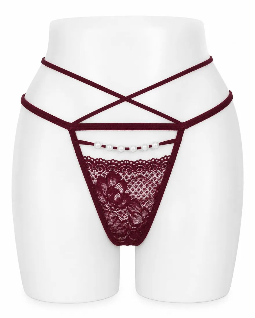 Pearl Trim Lace G-String in Maroon, photo 1