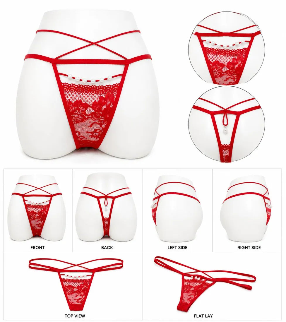 Pearl Trim Lace G-String in Red, photo 3