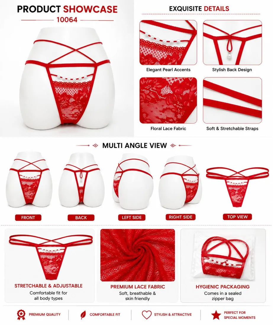 Pearl Trim Lace G-String in Red, photo 4