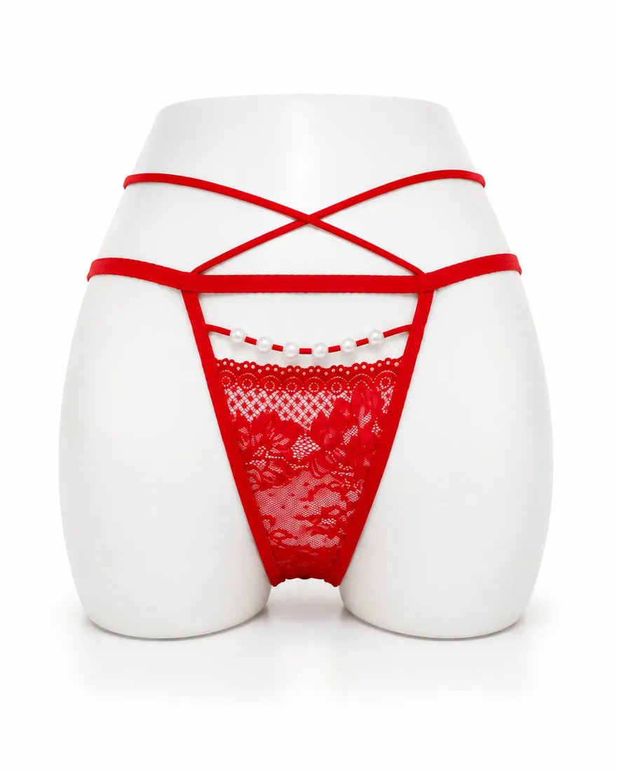 Pearl Trim Lace G-String in Red, photo 1