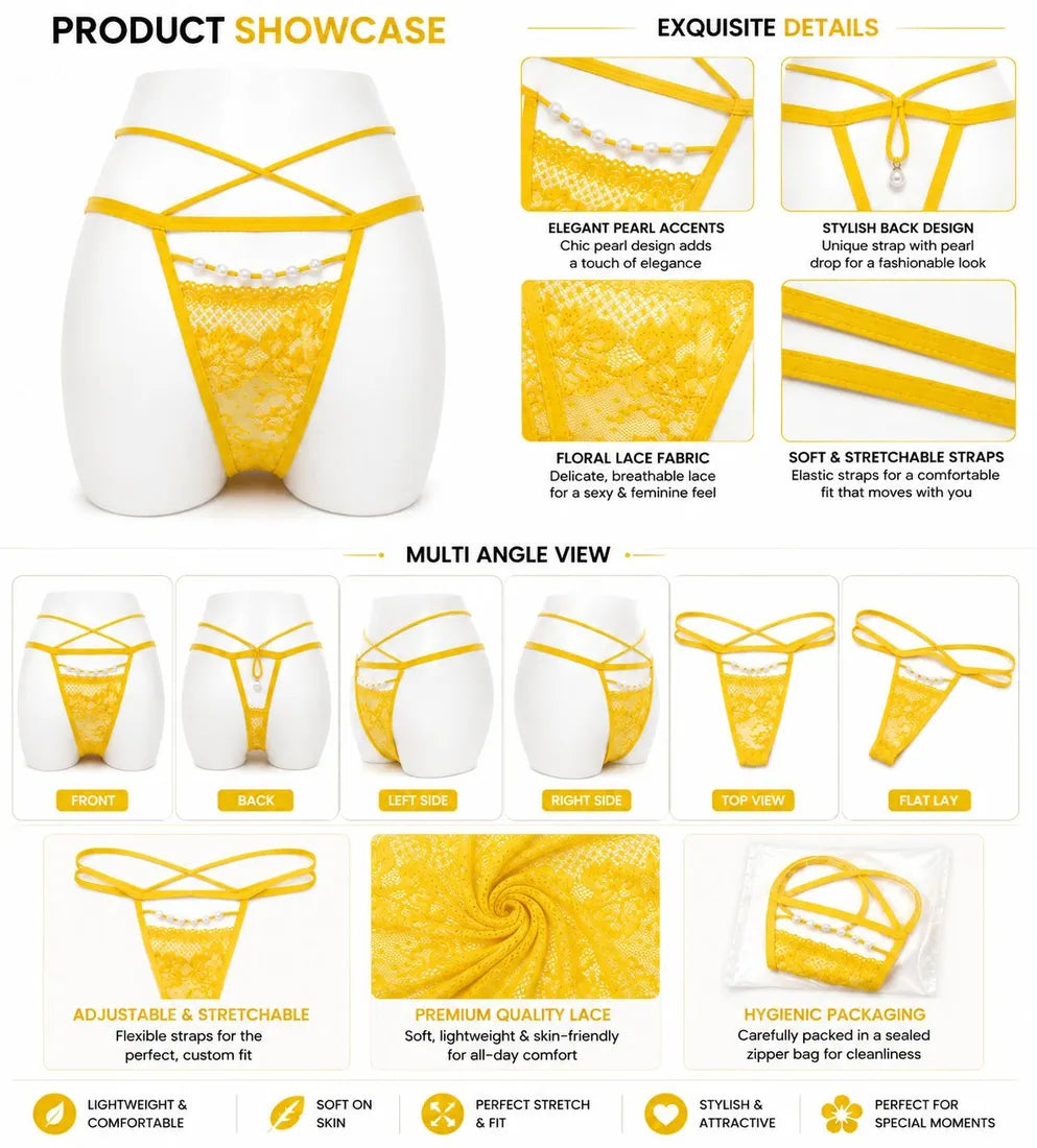 Pearl Trim Lace G-String in Yellow, photo 3