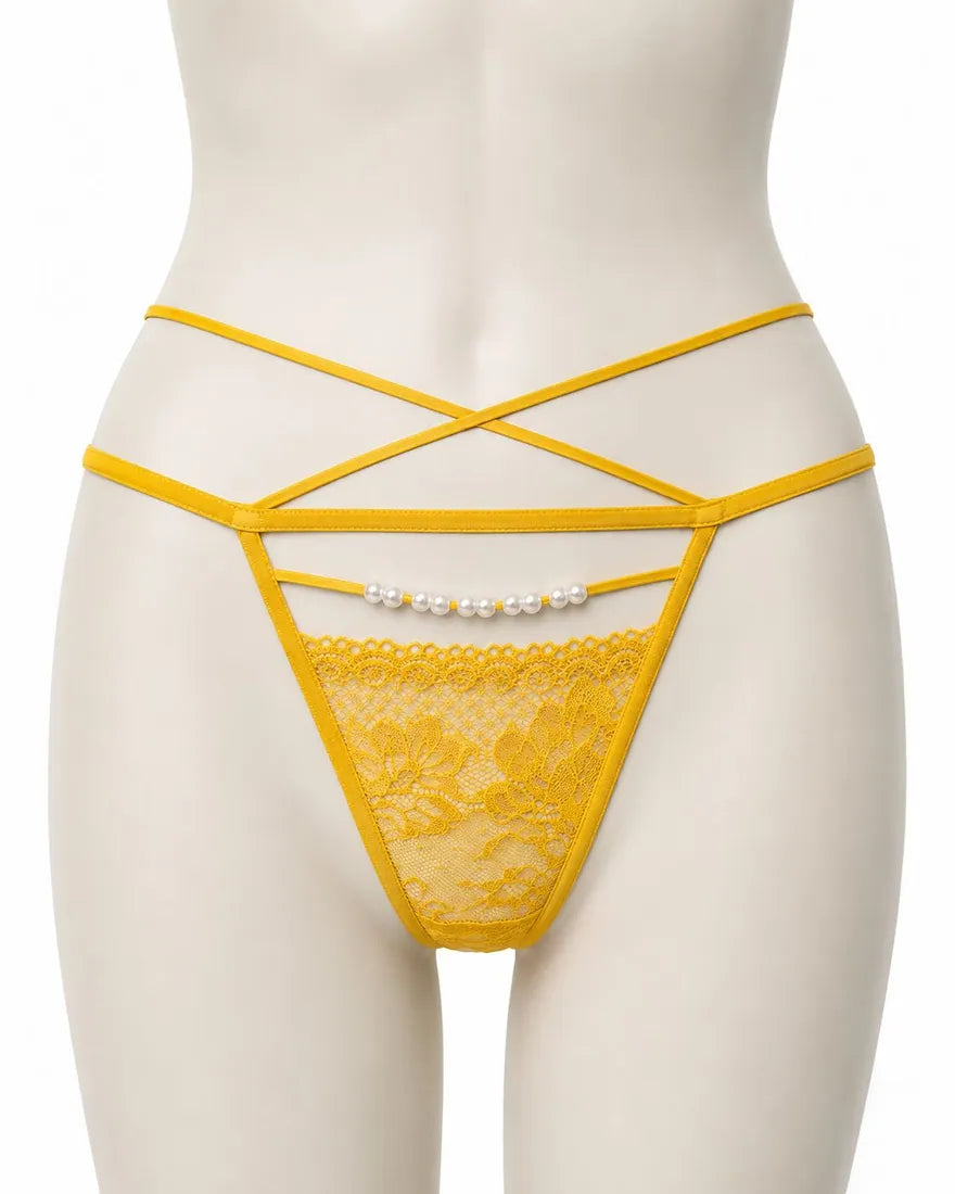 Pearl Trim Lace G-String in Yellow, photo 1