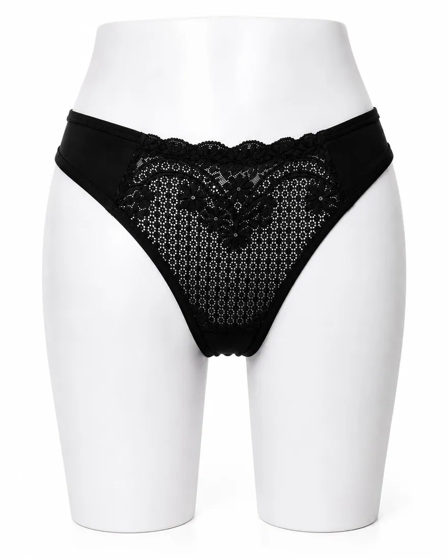 Floral Lace Cotton Gusset Panty in Black, front view