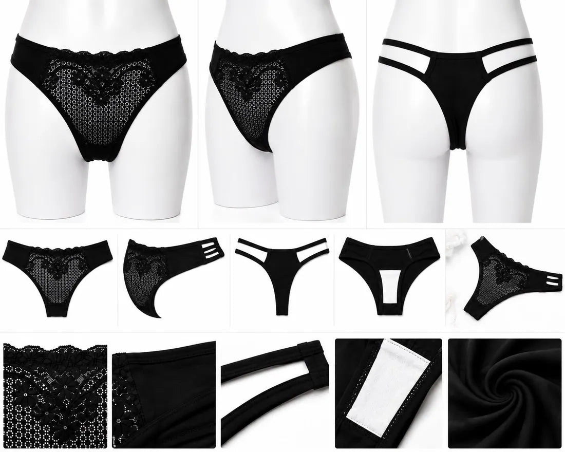 Floral Lace Cotton Gusset Panty in Black, photo 3
