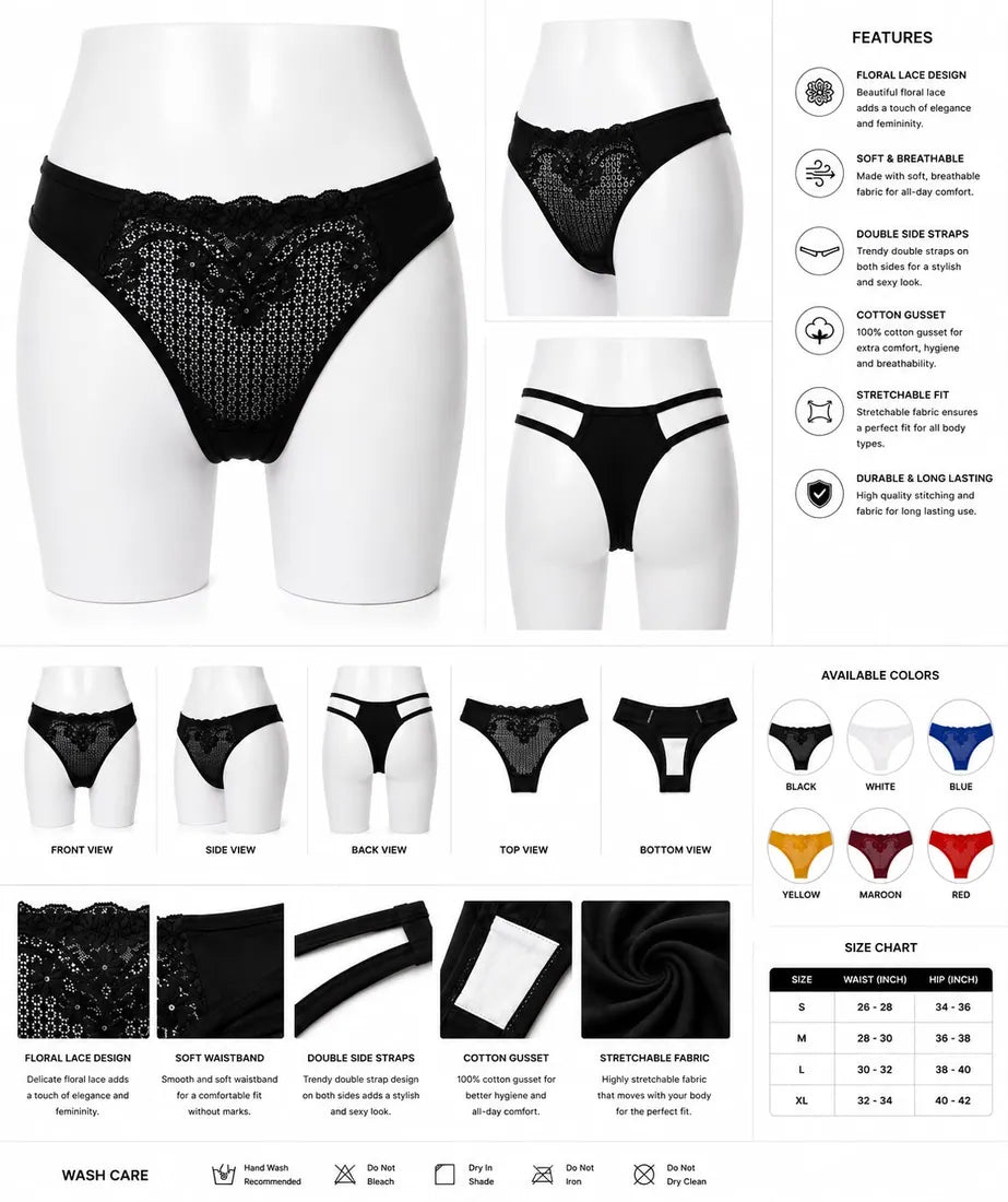 Floral Lace Cotton Gusset Panty in Black, photo 4