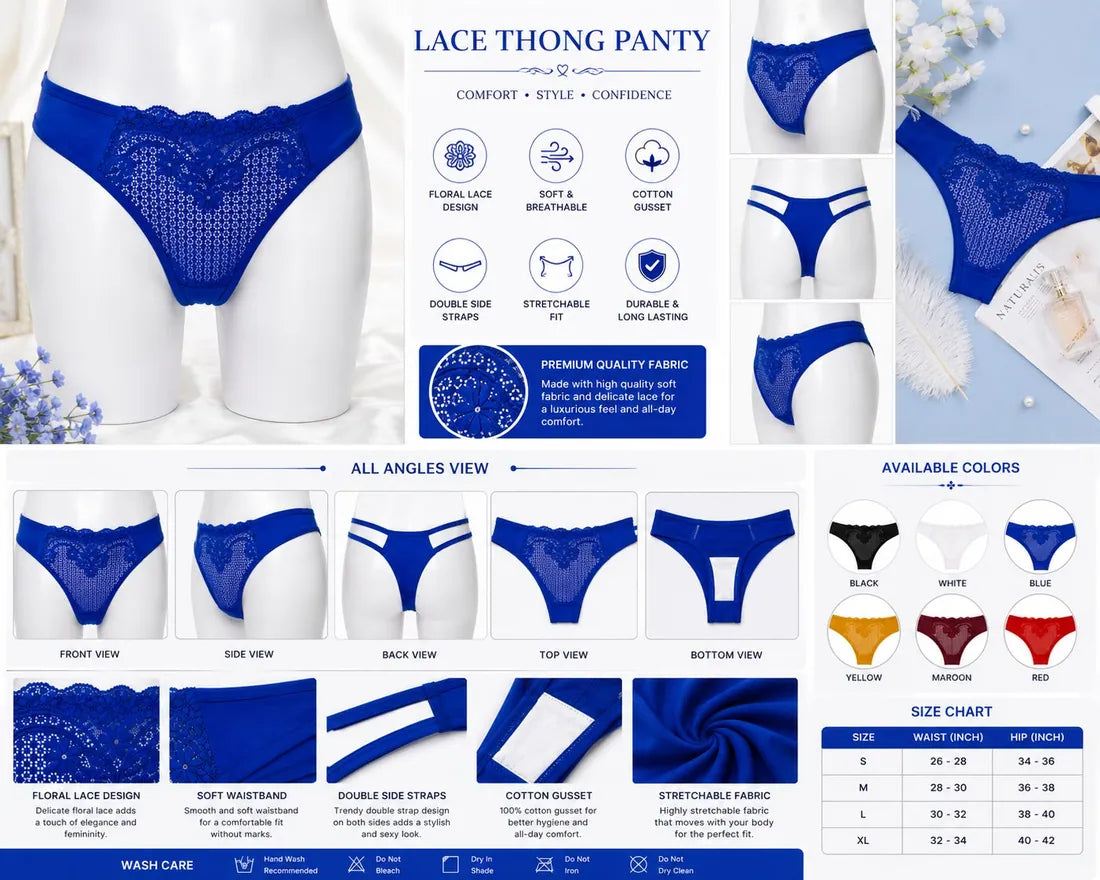Floral Lace Cotton Gusset Panty in Blue, photo 3