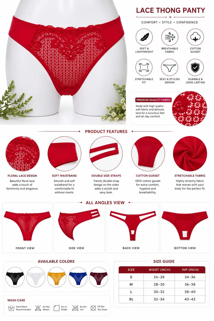 Floral Lace Cotton Gusset Panty in Red, photo 3