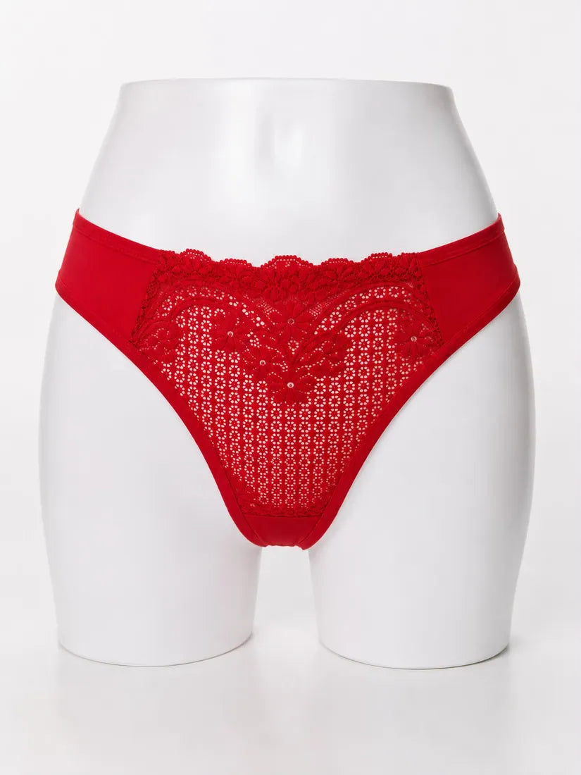 Floral Lace Cotton Gusset Panty in Red, photo 1