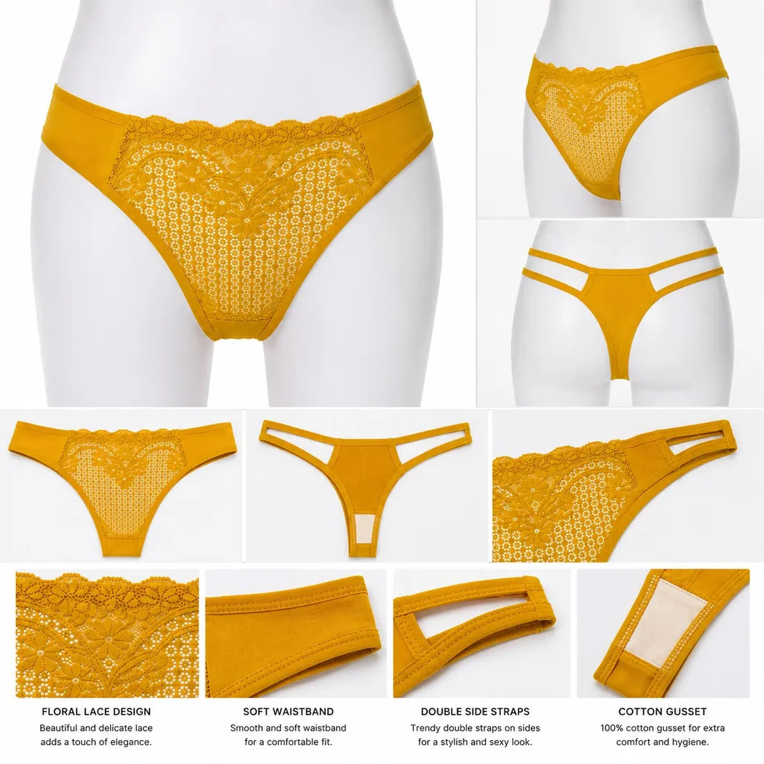 Floral Lace Cotton Gusset Panty in Yellow, photo 3