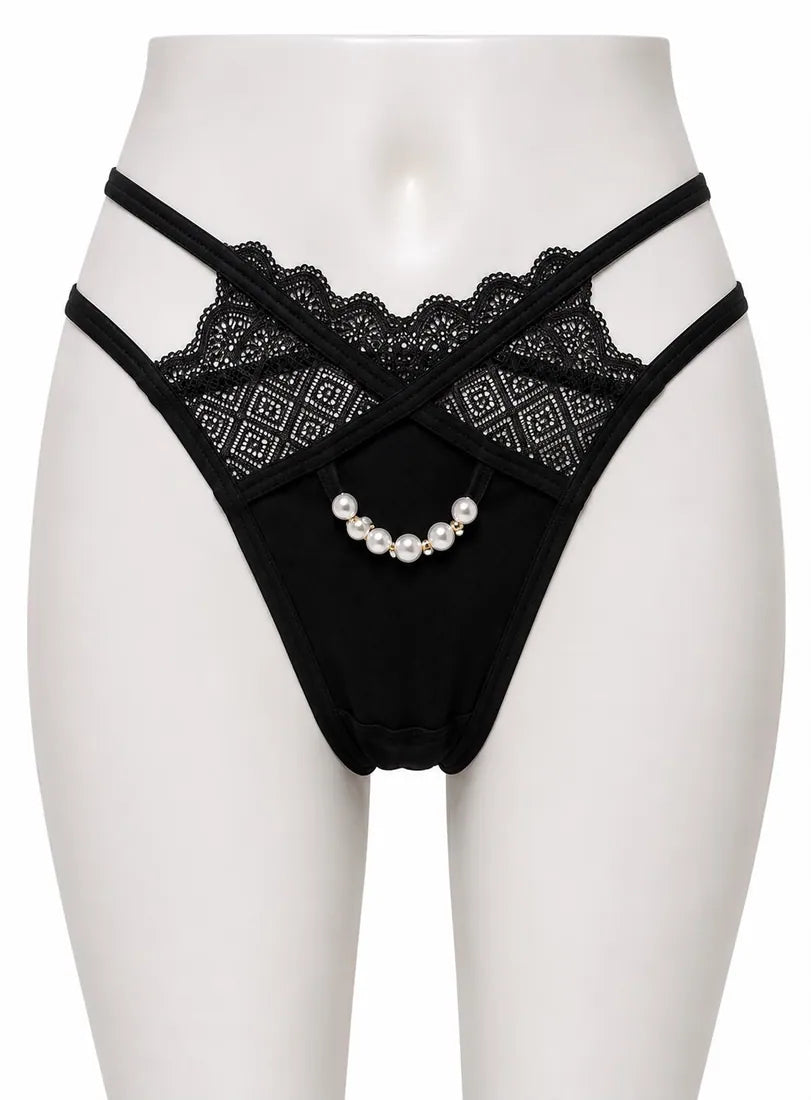 Pearl Chain Lace Thong in Black, front view
