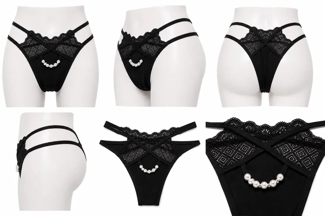 Pearl Chain Lace Thong in Black, photo 3