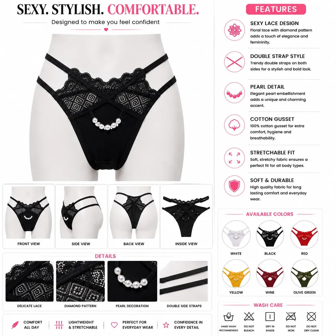 Pearl Chain Lace Thong in Black, photo 4