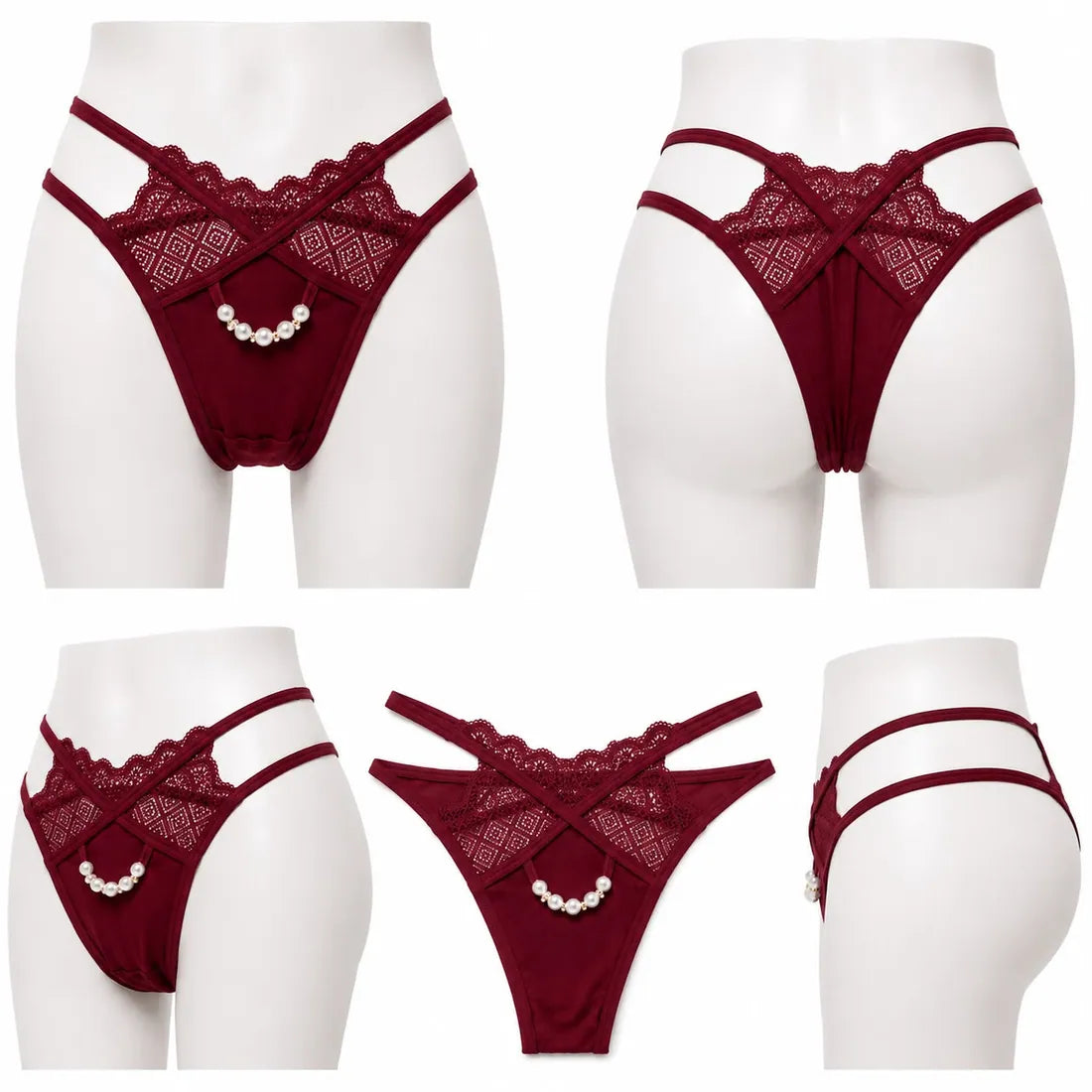 Pearl Chain Lace Thong in Maroon, photo 3