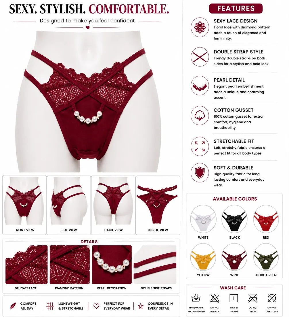 Pearl Chain Lace Thong in Maroon, photo 4