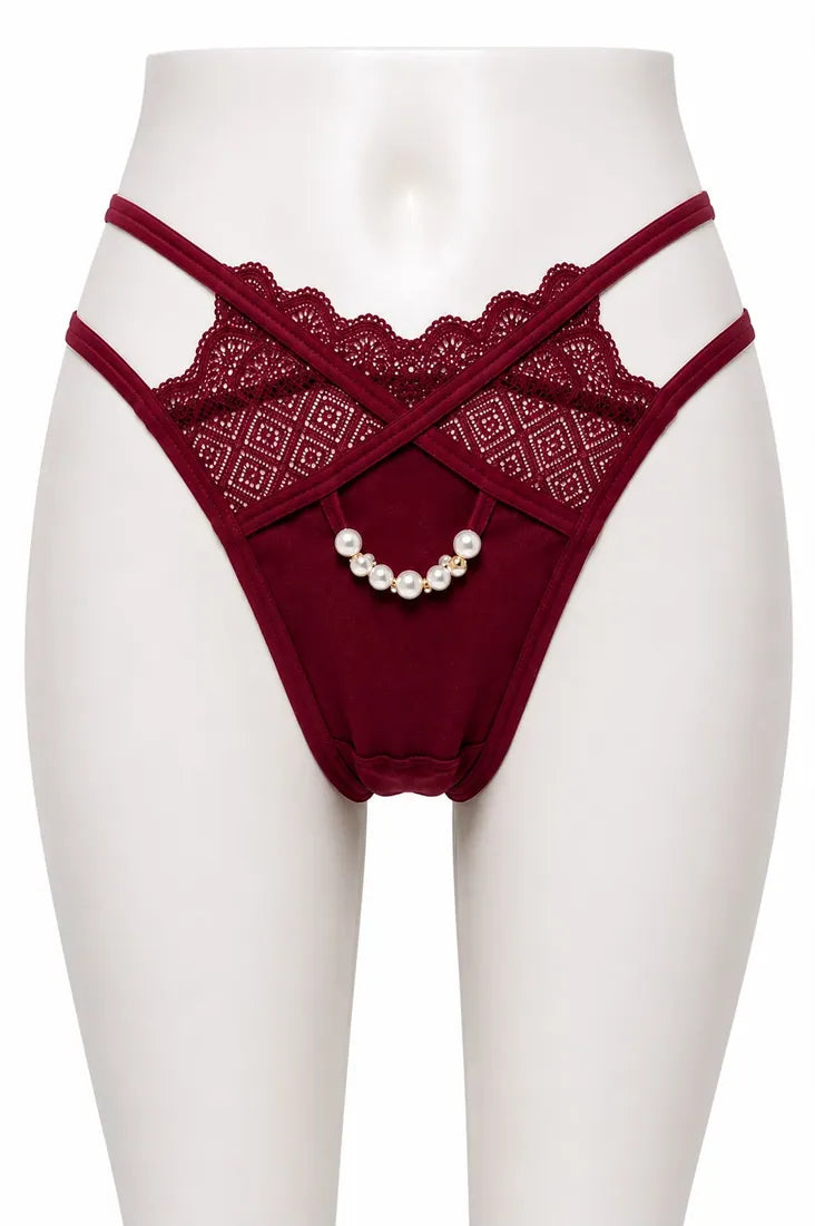 Pearl Chain Lace Thong in Maroon, photo 1