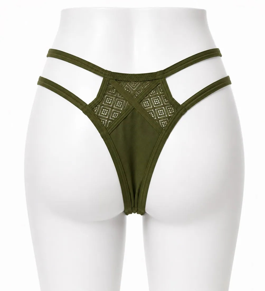 Pearl Chain Lace Thong in Olive Green, photo 2