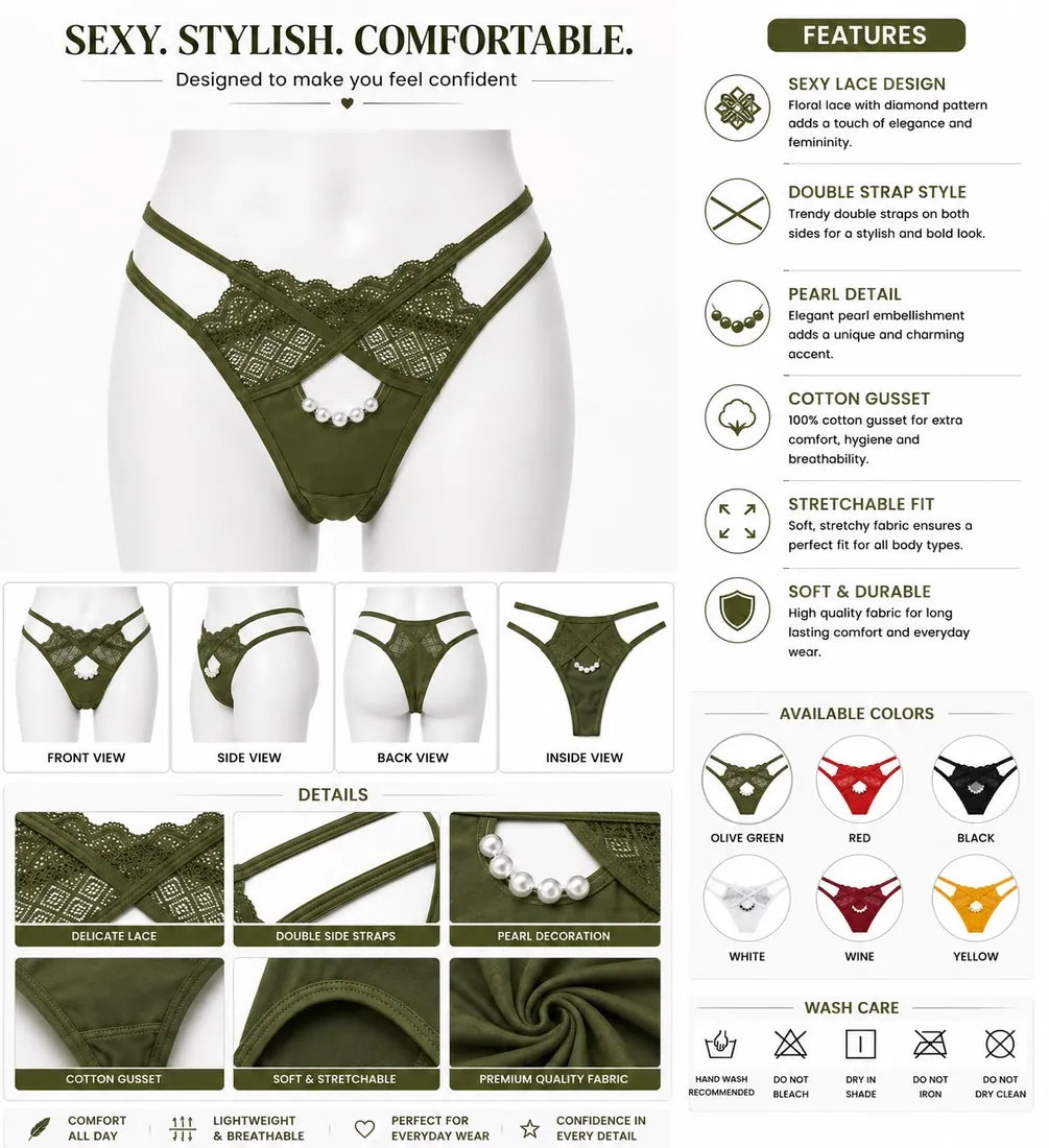 Pearl Chain Lace Thong in Olive Green, photo 3