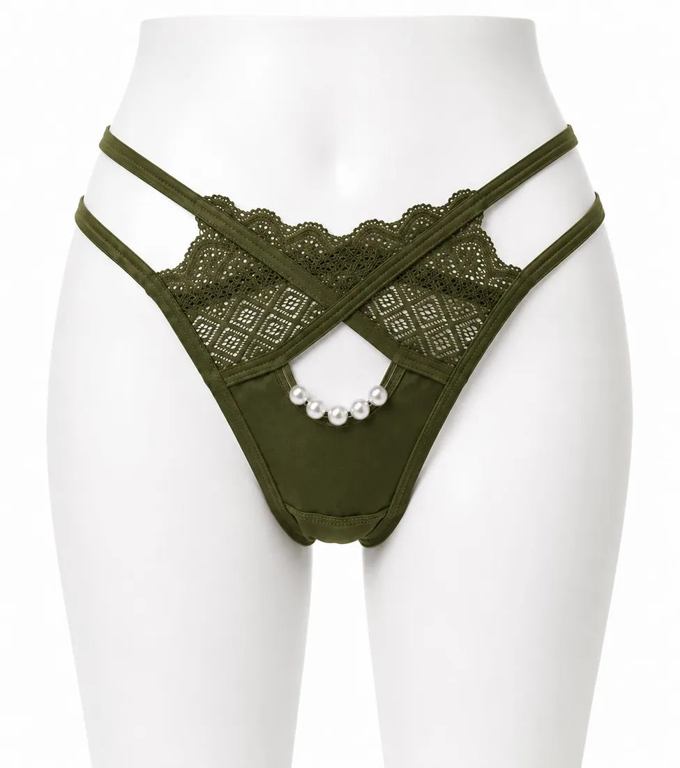Pearl Chain Lace Thong in Olive Green, photo 1