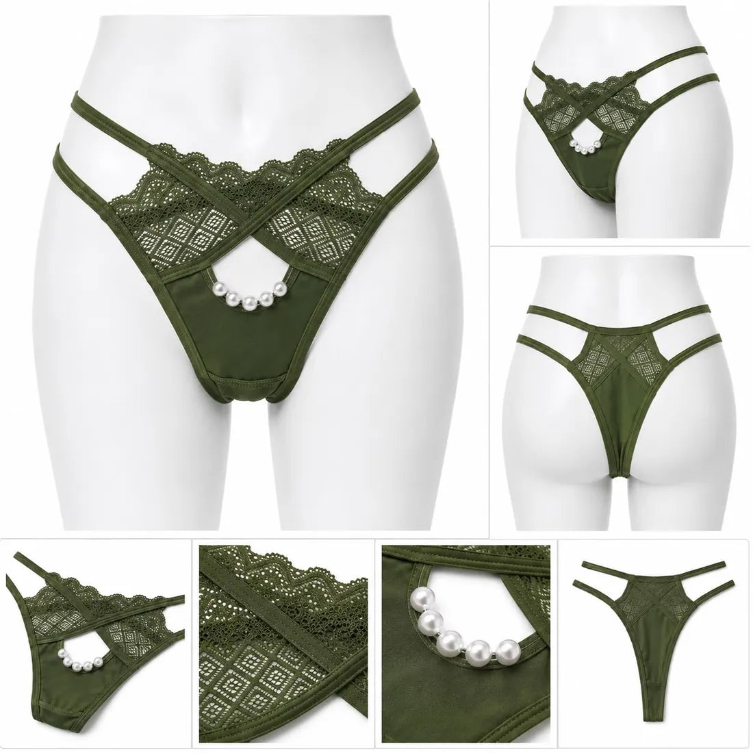 Pearl Chain Lace Thong in Olive Green, photo 4
