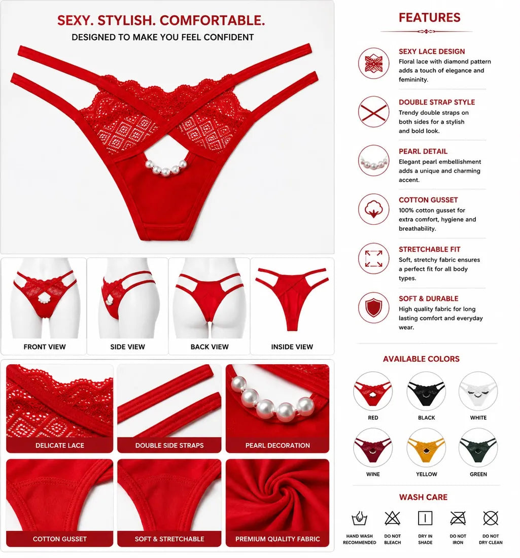 Pearl Chain Lace Thong in Red, photo 3