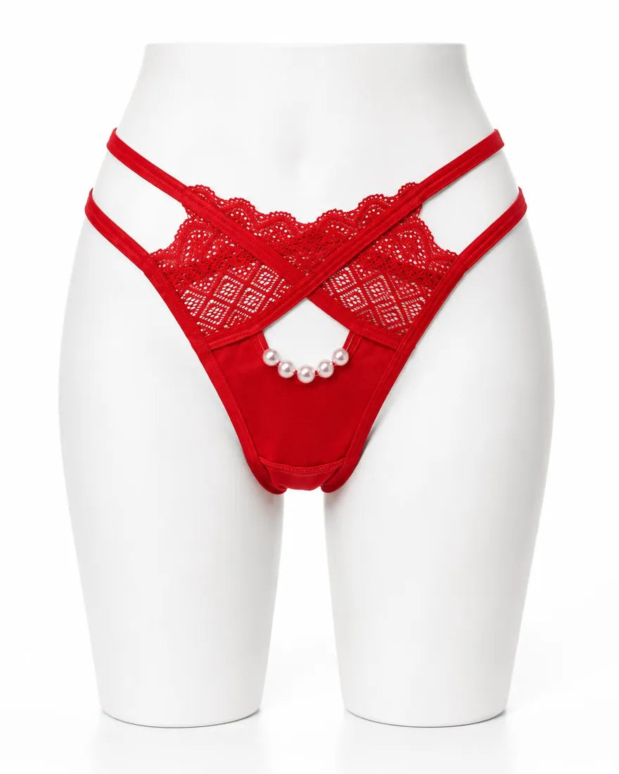 Pearl Chain Lace Thong in Red, photo 1