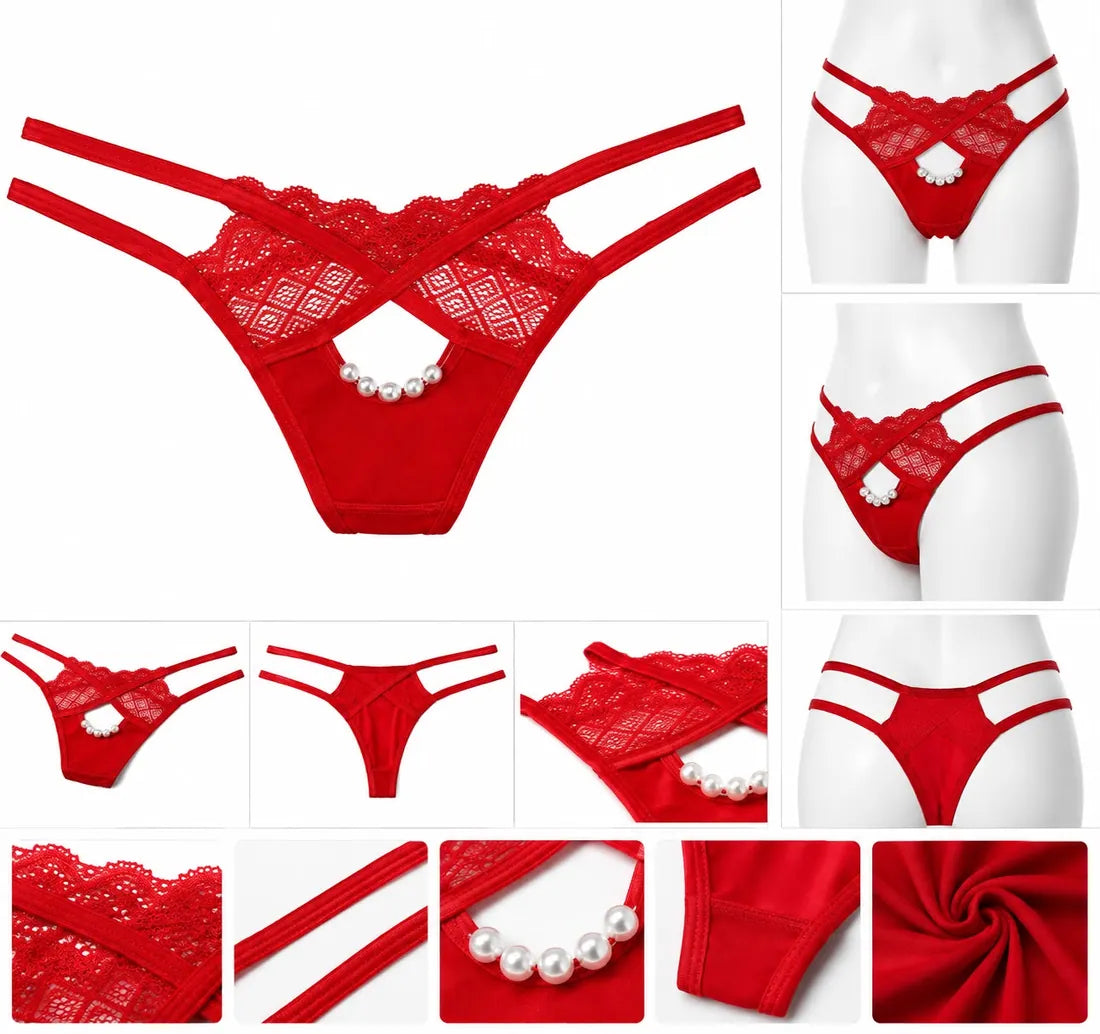 Pearl Chain Lace Thong in Red, photo 4
