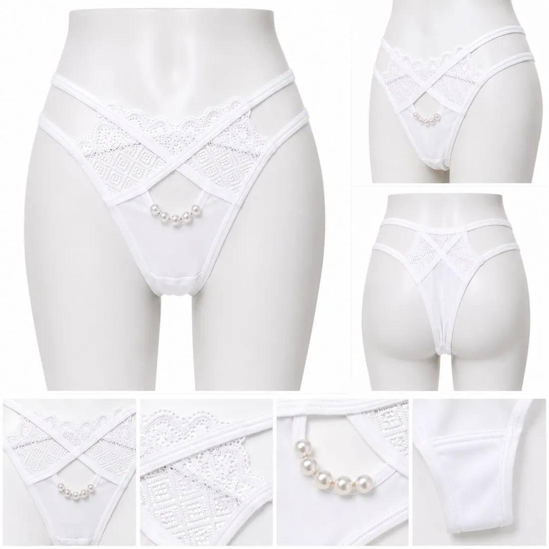 Pearl Chain Lace Thong in White, photo 3