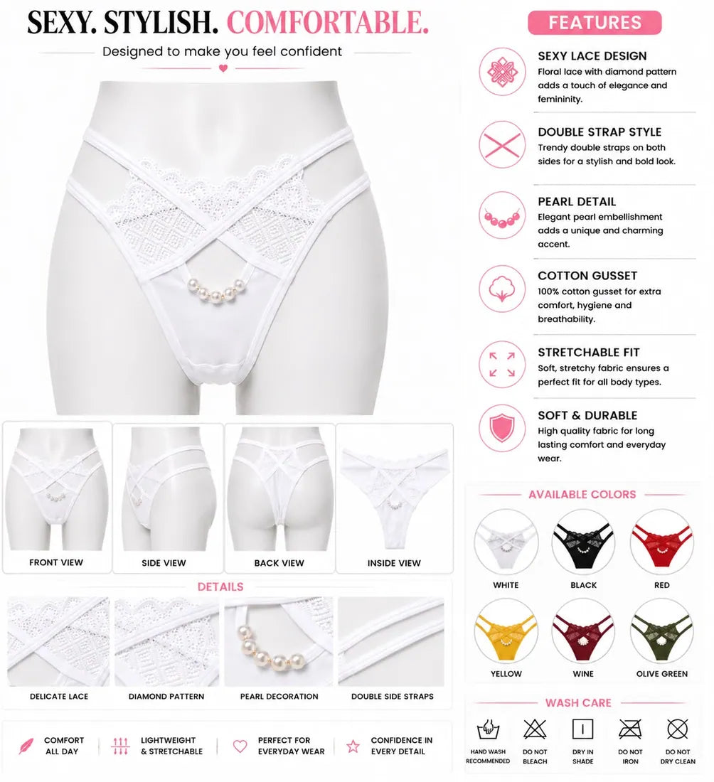 Pearl Chain Lace Thong in White, photo 4