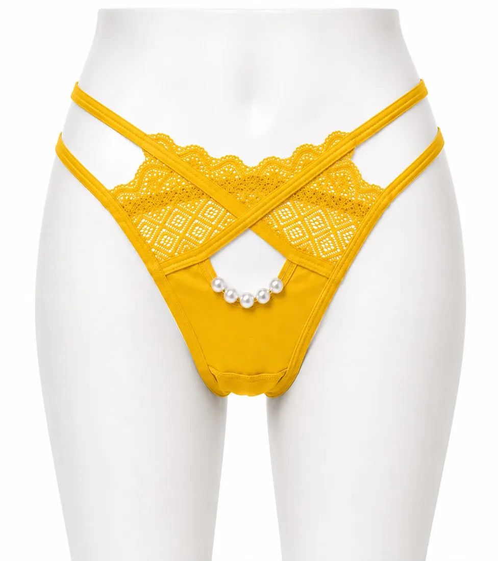 Pearl Chain Lace Thong in Yellow, photo 1