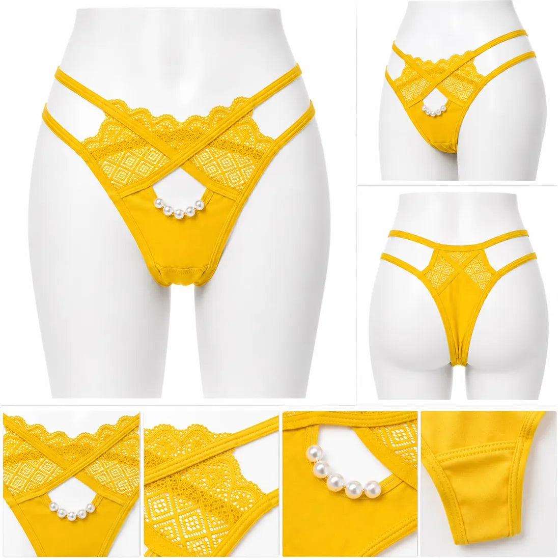 Pearl Chain Lace Thong in Yellow, photo 3