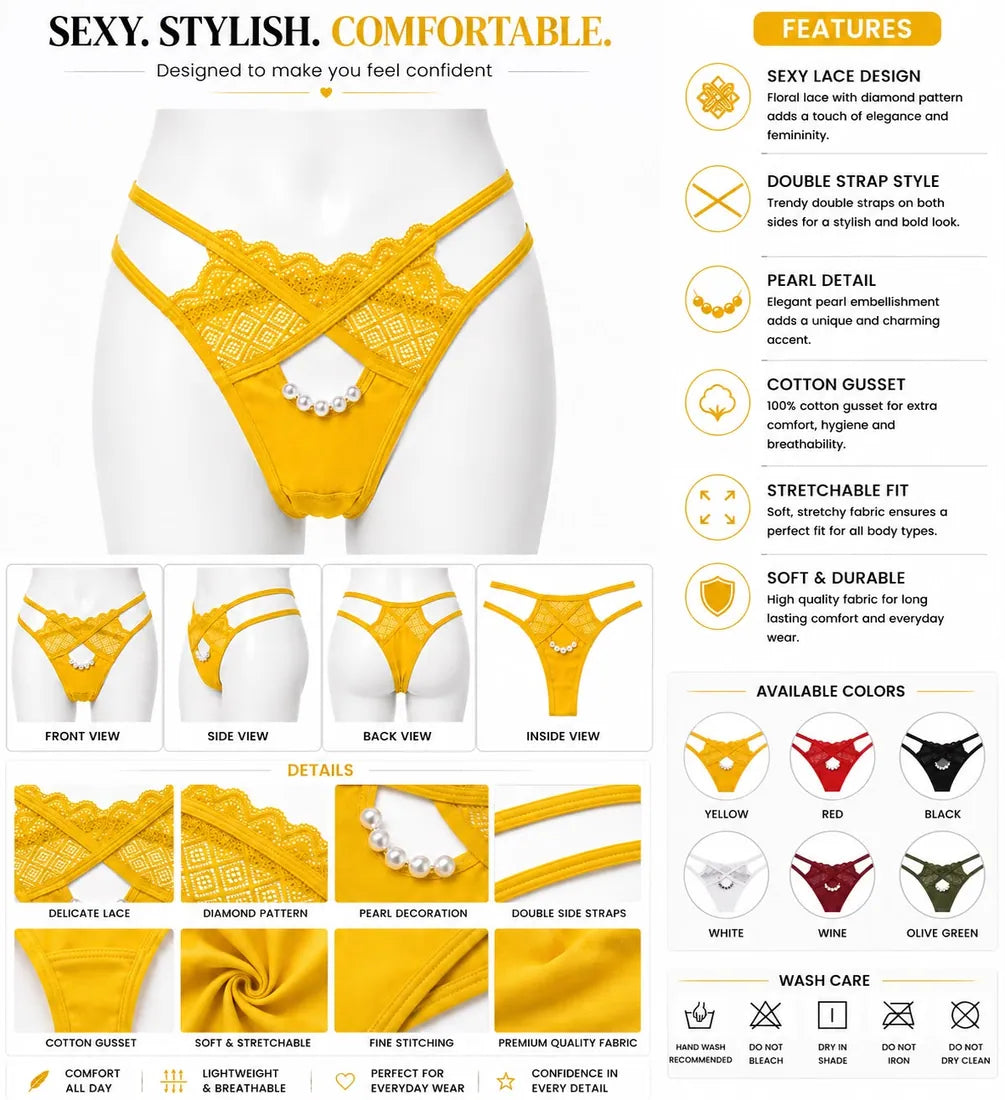 Pearl Chain Lace Thong in Yellow, photo 4