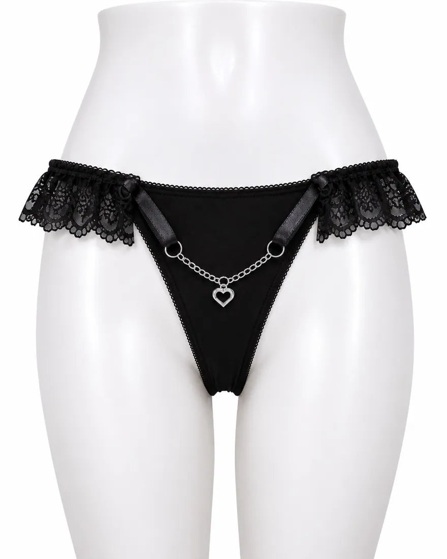 Heart Pendant Chain Thong in Black, front view