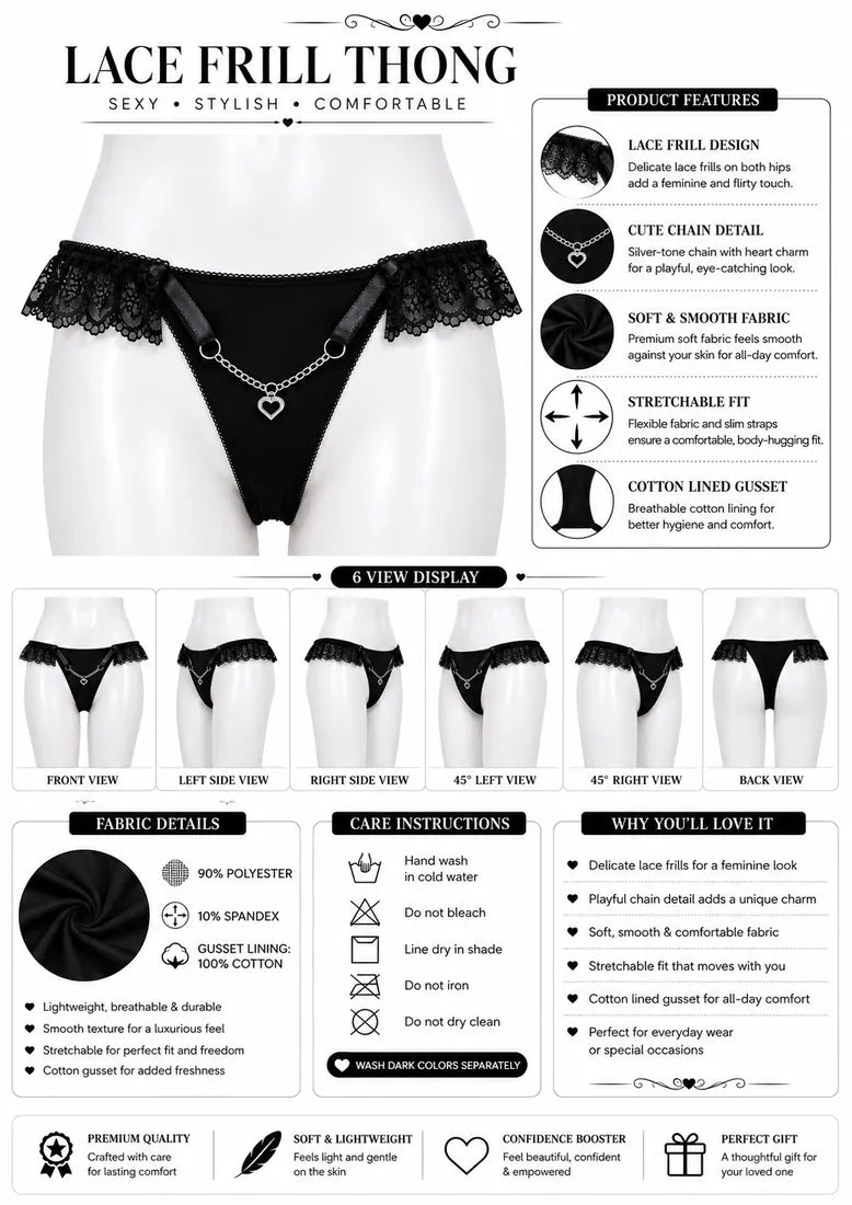 Heart Pendant Chain Thong in Black, photo 4