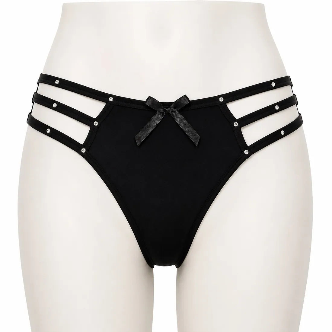 Diamante Cage Strap Panty in Black, front view