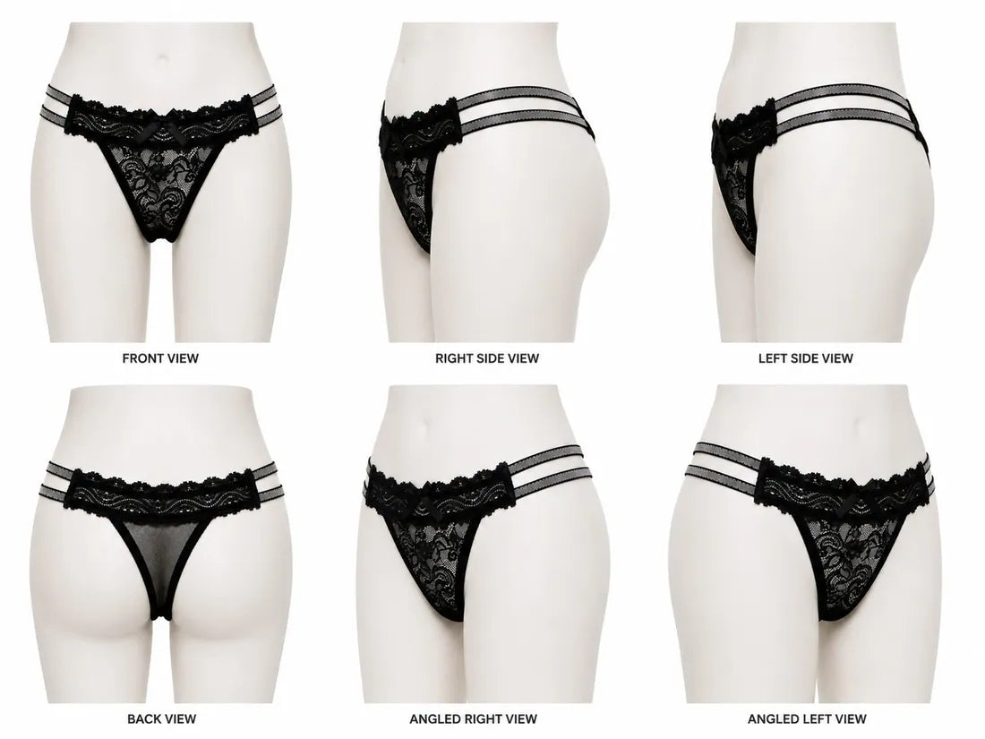 Scalloped Lace Ribbon Thong in Black, photo 3
