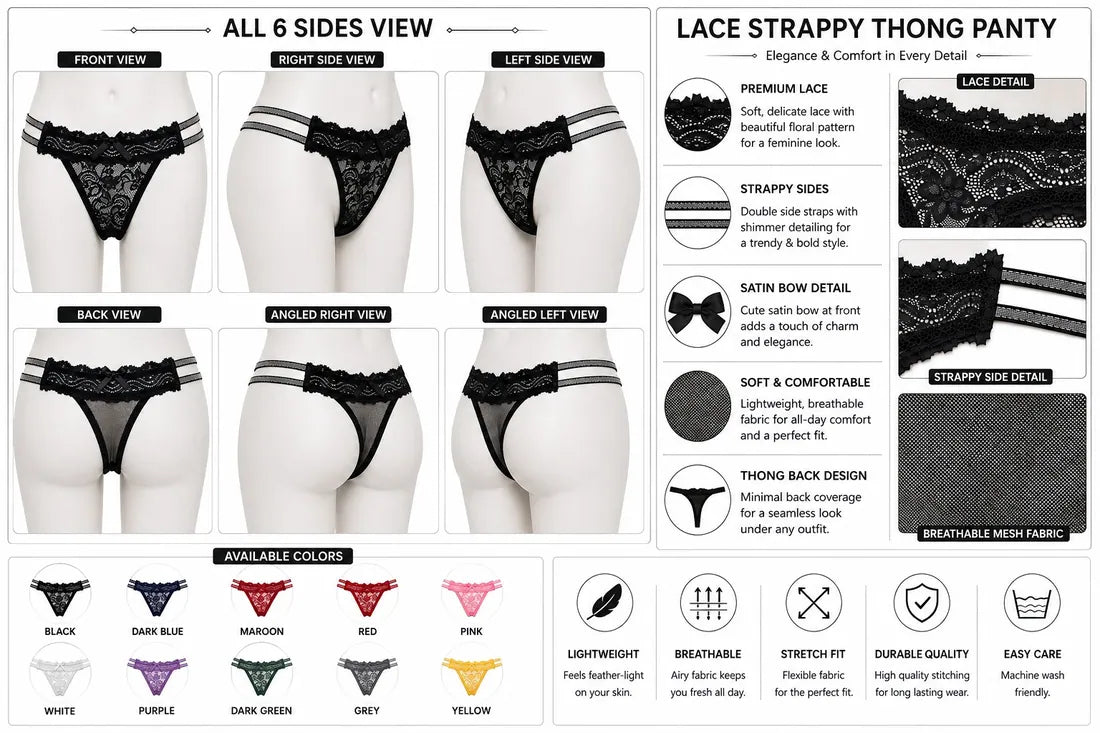 Scalloped Lace Ribbon Thong in Black, photo 4