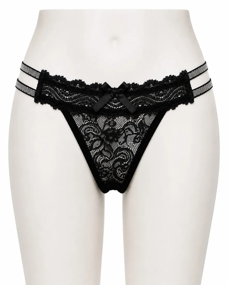 Scalloped Lace Ribbon Thong in Black, front view