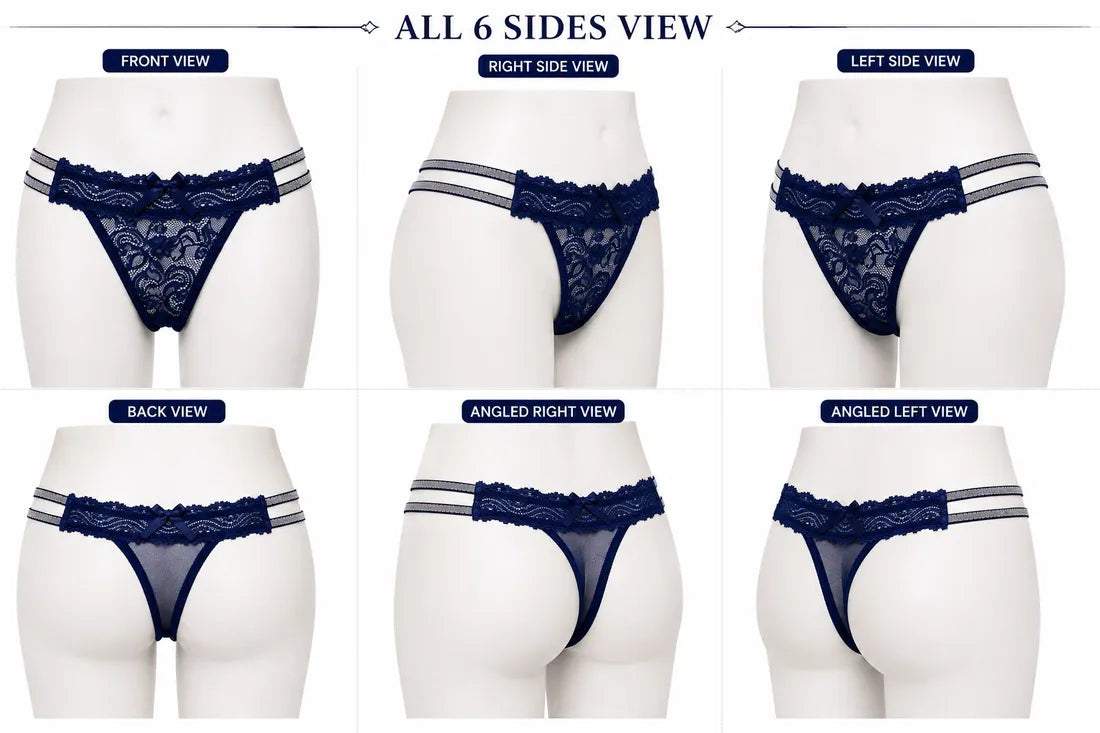 Scalloped Lace Ribbon Thong in Blue, photo 4