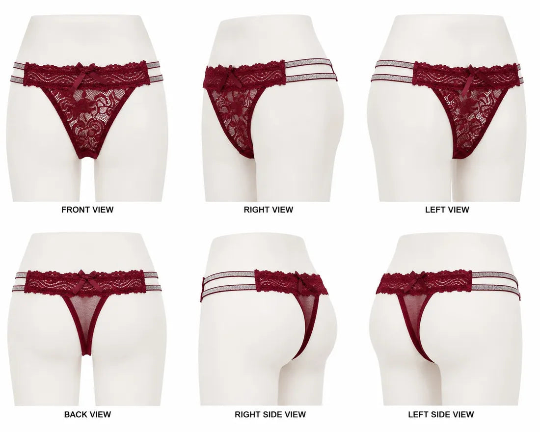 Scalloped Lace Ribbon Thong in Maroon, photo 3
