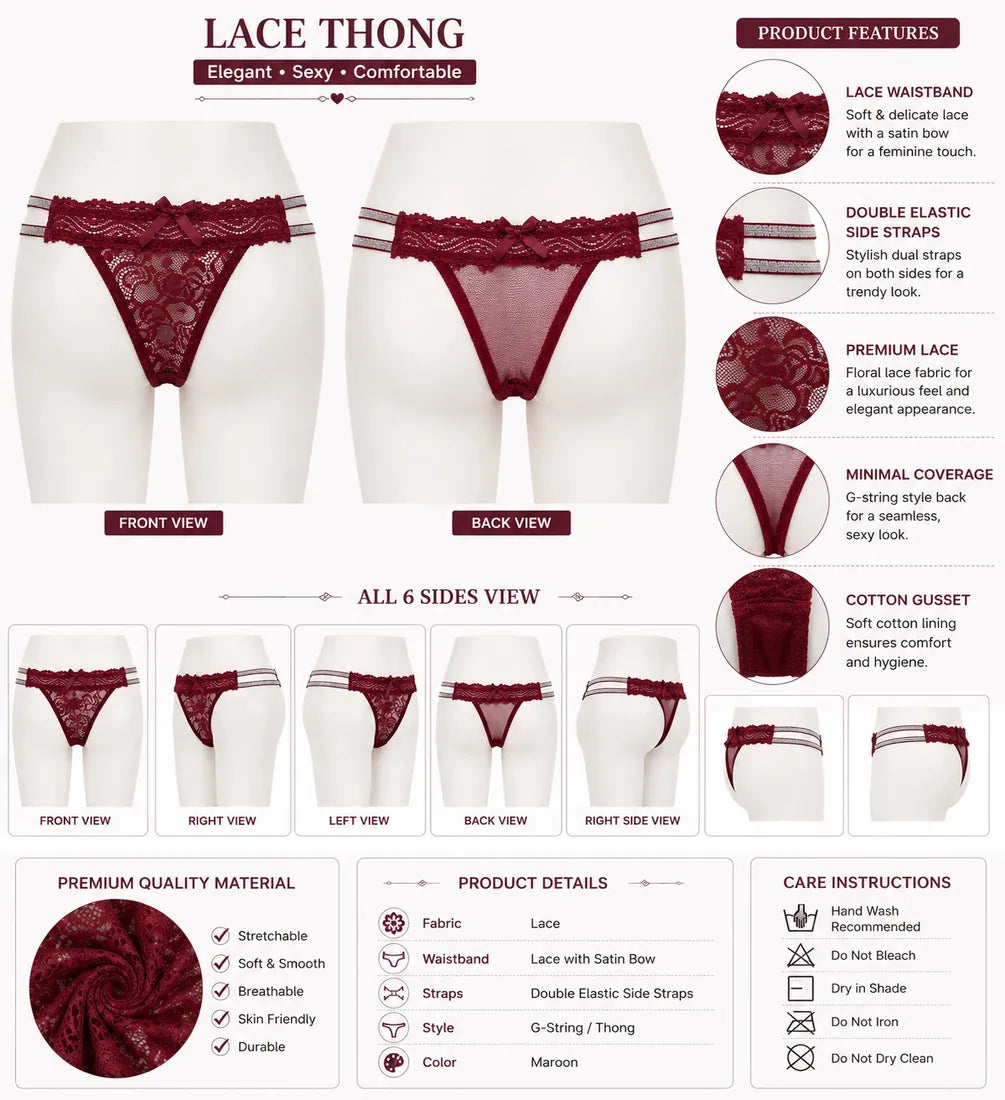 Scalloped Lace Ribbon Thong in Maroon, photo 4