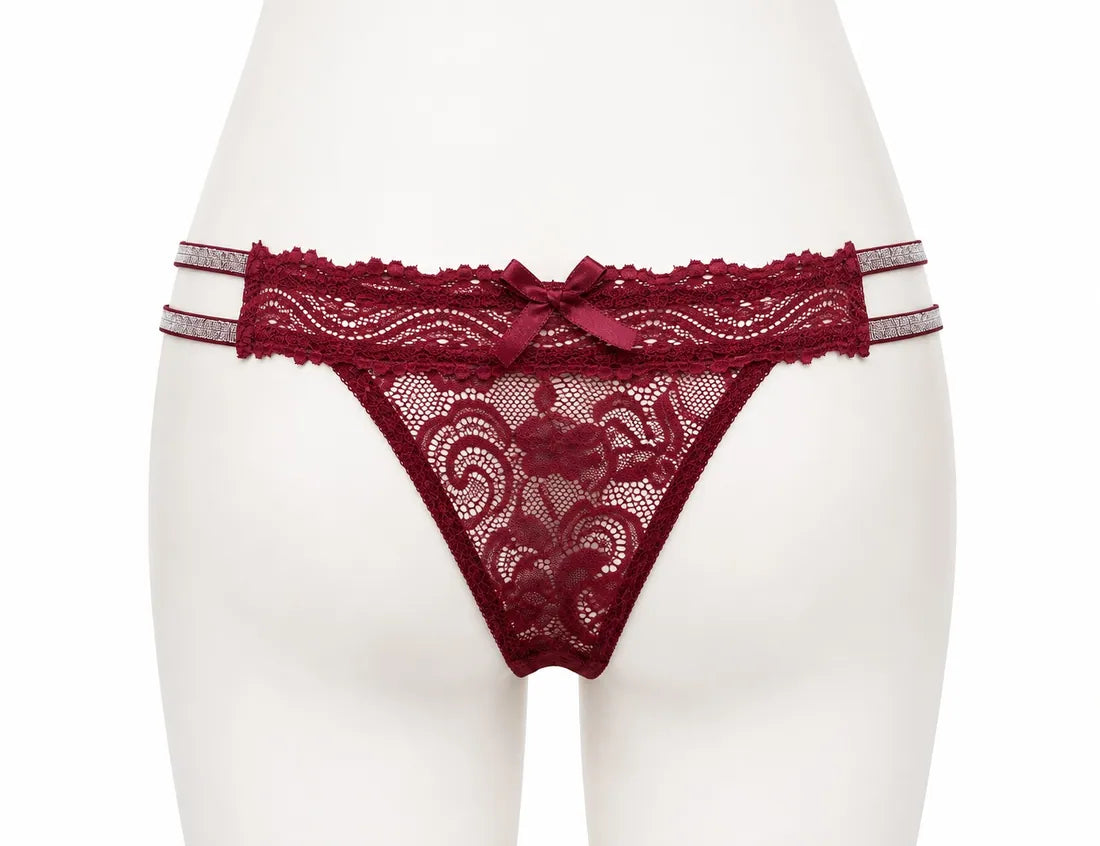 Scalloped Lace Ribbon Thong in Maroon, front view