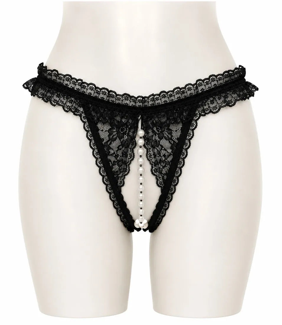 Pearl Split-Front Lace Panty in Black, front view